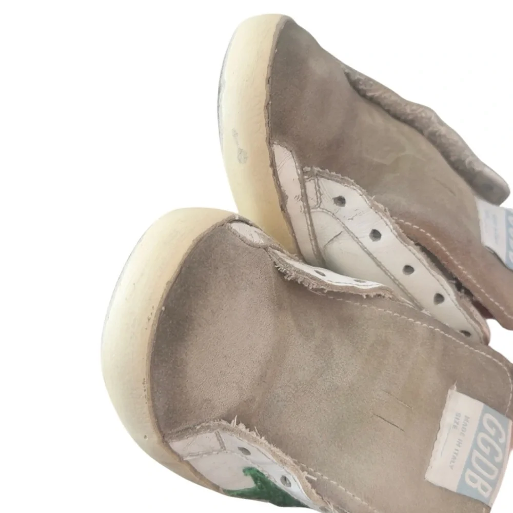 Authentic Golden Goose Superstar Girls White Green‎ Glitter Sneakers Size 13.5